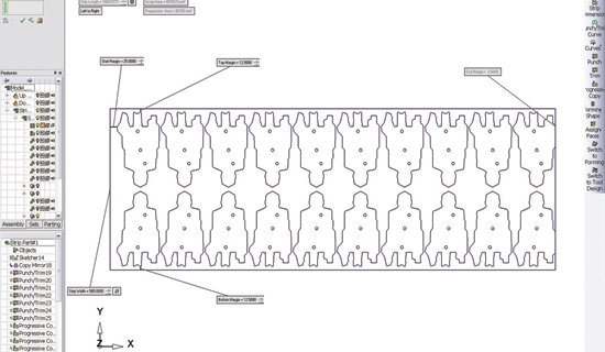 Strip layout dimensions with on-screen indications and real-time simulation